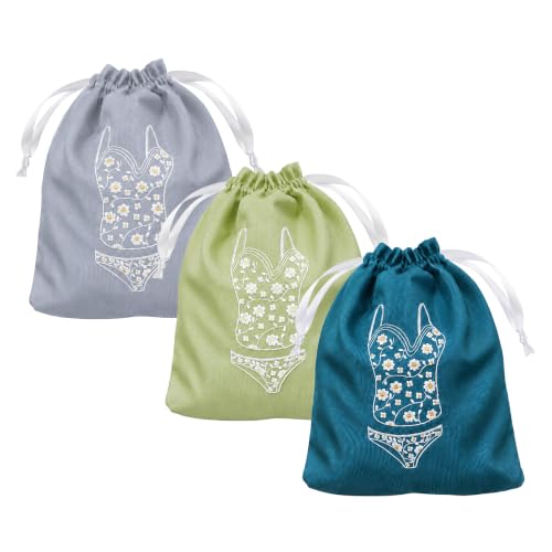 Lingerie Bag for Travel Set of 3, Women Lingerie Storage Bags with Drawstrings, Double-Layered Polyester Beach Bags for Swimwear, Underwear & Storage, 15x15 Inches (Green-Gray-Teal) - color: Soft Pastel Set