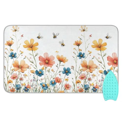 Yellow Wildflower Bees White Ironing Mat for Table top Portable Ironing Pad Blanket for Washer Dryer Countertop Travel - color: Red Wildflower Bees 01