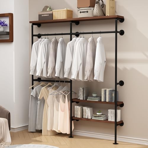 HOMEKAYT Industrial Pipe Clothes Rack,Wall Mounted Clothing Rack with Shelves, Heavy Duty Multi-Purpose Storage Clothes Hanging Shelf - 70.8''L Black - color: black, size: 70.8''L-A