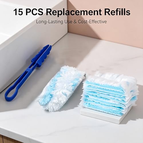 Folding Handle Duster with 10 Refills, Electrostatic Dust Cleaner for Home Car Desk Blinds Ceiling Fans, Portable Dusting Wand for Hair Debris, Light Blue