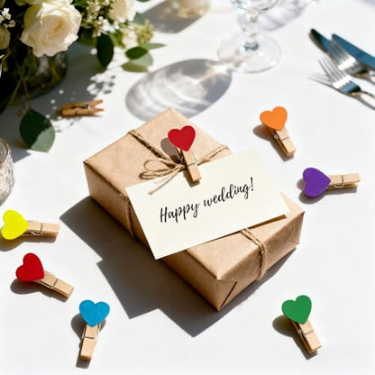 jijAcraft Clothespins with String - 50Pcs Mini Wooden Clothes Pins with Heart, 10Colors Heart Clips, 1.4Inch Small Photo Craft Clip for Baby Shower, Wedding, Birthday - color: 10colors