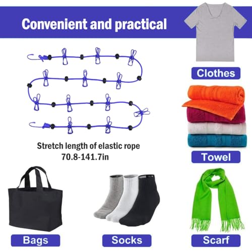 Retractable Clothesline with 12 Clips for Travel, Indoor & Outdoor Use（Blue） - color: Blue