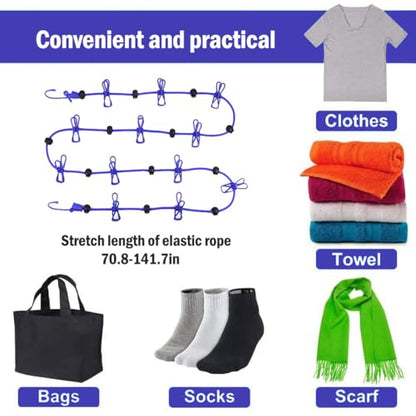 Retractable Clothesline with 12 Clips for Travel, Indoor & Outdoor Use（Blue） - color: Blue