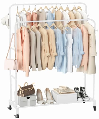 Sooyee Double Rod Clothing Rack with Wheels,3 Tier Garment Racks for Hanging Clothes,Portable Clothes Rack with 4 Hooks for Bedroom,Laundry Room,White - color: White