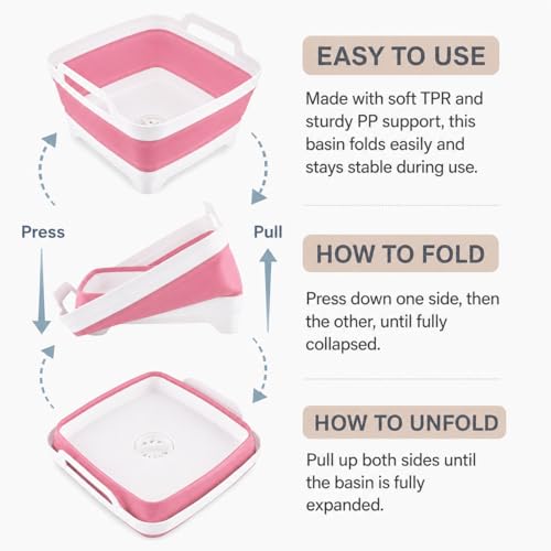 Collapsible Dish Basin with Drain Plug, Foldable Wash Basin 2.4 Gal (9L) - color: Pink