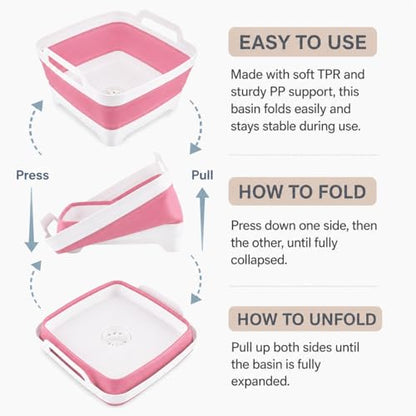 Collapsible Dish Basin with Drain Plug, Foldable Wash Basin 2.4 Gal (9L) - color: Pink