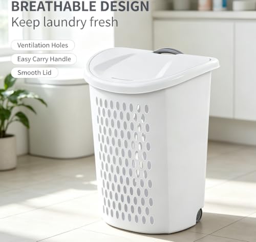 White Plastic Wheeled Laundry Hamper Equipped with Carry Handle and Smooth Rolling Wheels, Large Capacity Rolling Clothes Basket, Space-Saving Laundry Organizer for Home, Dorm & Utility Area
