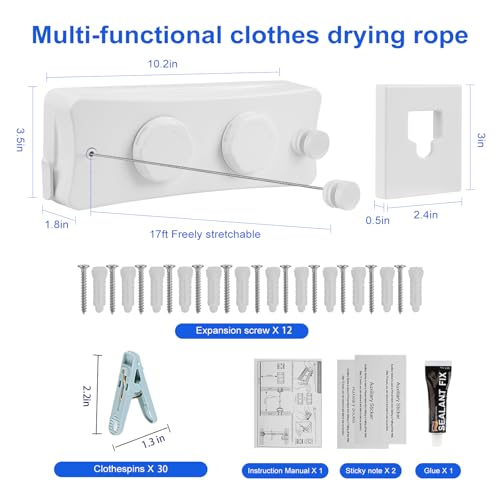 17Ft Retractable Clothesline Indoor/Outdoor, Comes with 40 clothespins, Anti-Sag for Drying Clothes line retracting Indoor/Outdoor, Dual-Line with Each Line 17Ft Long Laundry line Retractable - style: White
