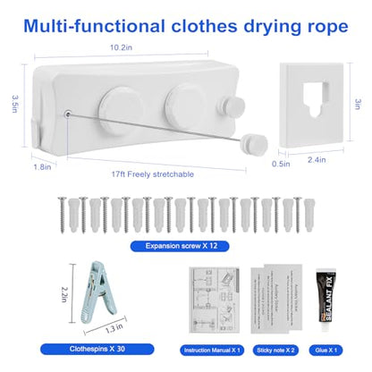17Ft Retractable Clothesline Indoor/Outdoor, Comes with 40 clothespins, Anti-Sag for Drying Clothes line retracting Indoor/Outdoor, Dual-Line with Each Line 17Ft Long Laundry line Retractable - style: White