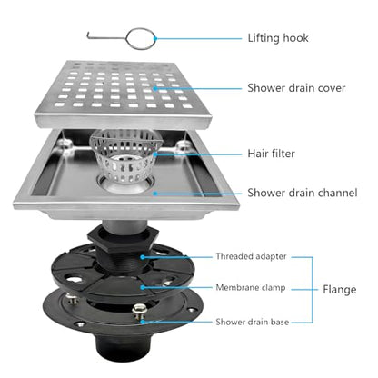 4 Inch Square Shower Drain with Flange, Removeable Grate SUS 304 Stainless Steel Shower Drain with Hair Catcher (Brushed Nickel, 4 Inch) - color: Brushed Nickel, size: 4 Inch