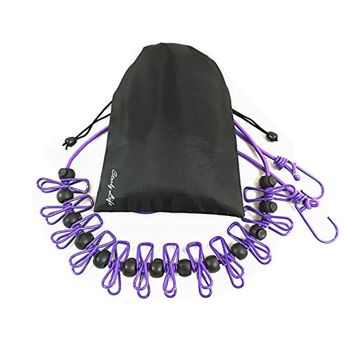 Adjustable Elastic Clothesline with Clips and Positioning Balls Portable Retractable Windproof Laundry Hanging Rope for Travel Camping Indoor Use Anti-Skid Washing Line with Drawstring Bag Purple - color: Purple