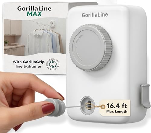 GorillaLine Max - Retractable Clothesline Indoor Outdoor Clothes Line - Heavy Duty Clothes Drying Laundry Line - Wall Mounted Drying Rack - Air Dry Clothing - Max Tighten with GorillaGrip - color: White Max