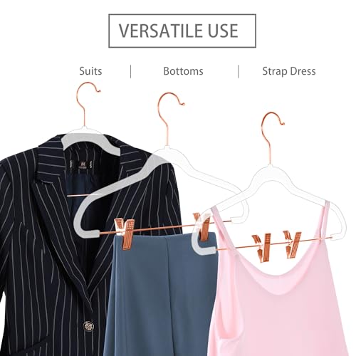 MIZGI Slim Clear Rosegold Pants & Skirt Hangers (20 Pack) – Adjustable Clips & Hooks, Transparent Non-Felt, Space-Saving for Dresses, Shirts, Blouses - color: Clear/Rosegold, size: 20-Pack