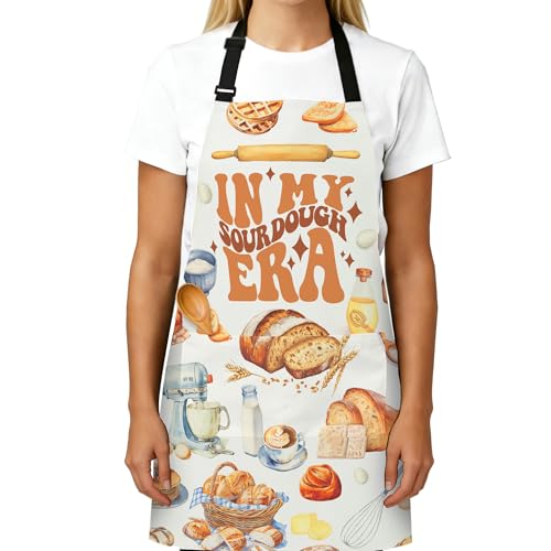 Adjustable Baking Aprons for Women - Cooking Aprons for Women with Pockets, Perfect for Baking Cooking Gradening - color: White Sourdough