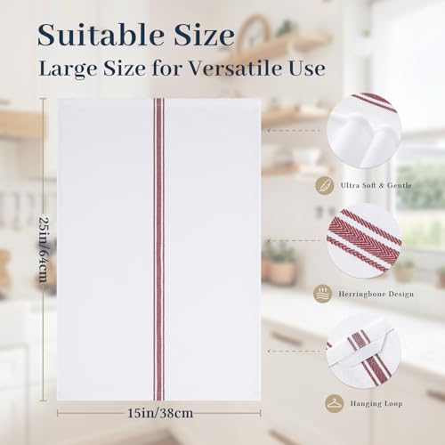 Homaxy 100% Ring Spun Cotton Kitchen Towels 6 Pack, Red Stripe - color: Red Stripe, size: 15" X 25" - 6 Pack