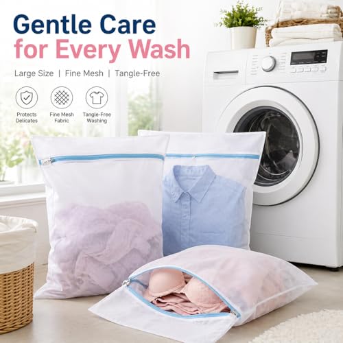 Large Mesh Laundry Wash Bag for Delicates, Lingerie Garment Bag with Premium Snag-Proof Zipper, Heavy Duty Reusable Travel Storage Organizer for Bras, Socks, Sweaters - Large (1 Pack,Blue)