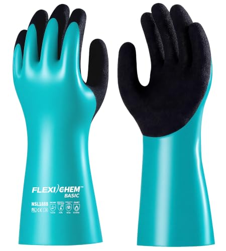 JDL Heavy-Duty Nitrile Chemical Gloves with Nylon Lining, Black Sandy Finish, Reusable Rubber Work Gloves, Acid/Alkali/Oil Protection, Non-Slip, X-Large - size: X-Large