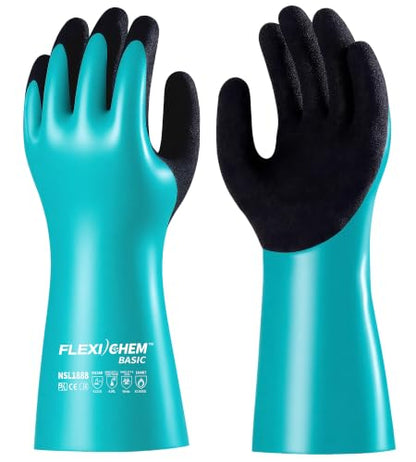 JDL Heavy-Duty Nitrile Chemical Gloves with Nylon Lining, Black Sandy Finish, Reusable Rubber Work Gloves, Acid/Alkali/Oil Protection, Non-Slip, Large - size: Large