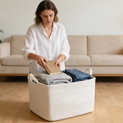 96L Woven Laundry Basket with Handles, Extra Blanket Basket,White - color: White, size: 96L