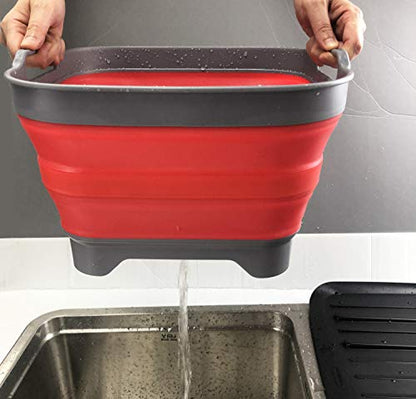 SAMMART 10L (2.64 Gallon) Collapsible Dishpan with Draining Plug - Foldable Washing Basin - Portable Dish Washing Tub - Space Saving Kitchen Storage Tray (1, Grey/Red) - color: Grey/Red