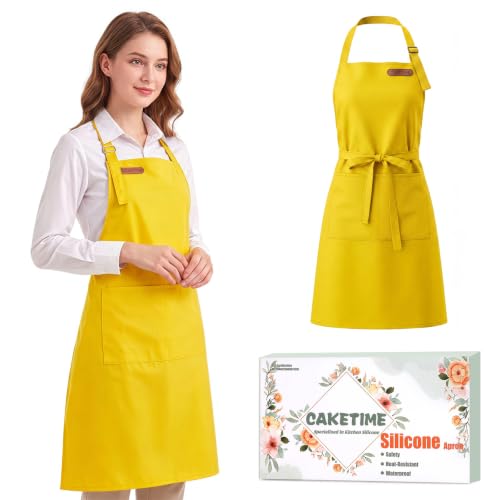 CAKETIME Colorful Aprons Made by Silicone Coated Polyester Fabric Waterproof Oilproof for Women Cooking Funny Gifts - color: Yellow