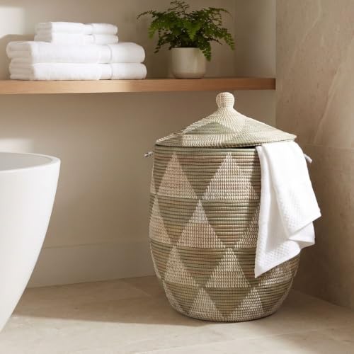 Large Decorative Storage Basket with Lid for Laundry, Blankets and Toys, Gray Triangles, 18" Wide, 23" Tall - color: Gray Triangles