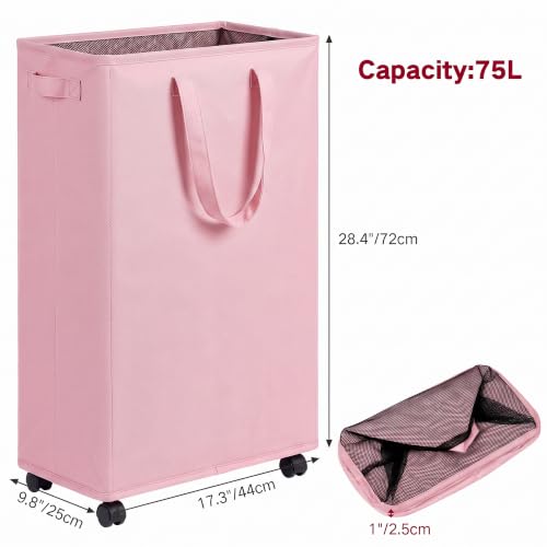 efluky Slim Laundry Hamper with Wheels, Rolling Laundry Basket for Clothes, Small Laundry Basket for Bedroom, Dorm and Laundry Room, 75L (19.8 Gallons) Pink - color: Pink, size: 75L