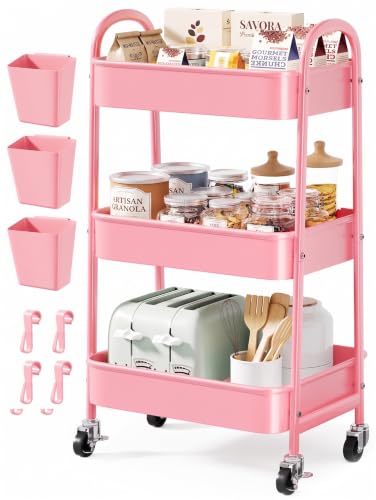 3 Tier Rolling Storage Cart Metal with Wheels, Pink Three Tiered Craft Cart - color: Soft Pink