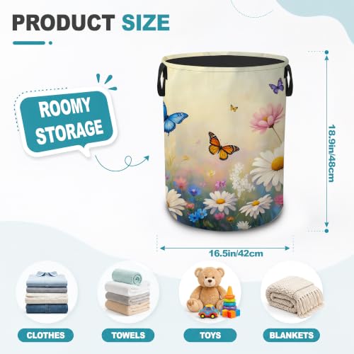 Daisy Butterfly Collapsible Laundry Hamper,Spring Flowers Waterproof Oxford Cloth Clothes Basket with Handles for Bathroom Bedroom Nursery Dorm Room,16" x 20" - color: Daisy Butterfly,Spring Flowers