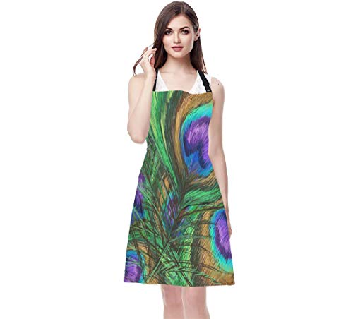 EKOBLA Peacock Feathers Aprons Animal Beautiful Colorful Digital Paint Shiny Green Purple Waterproof Resistant Chef Cooking Kitchen BBQ Adjustable Aprons for Women Men 27x31 Inch - color: Multi-a05