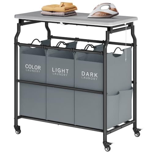 Hoctieon 3 Section Laundry Sorter with Iorning Board, Laundry Hamper, Gray - color: Gray