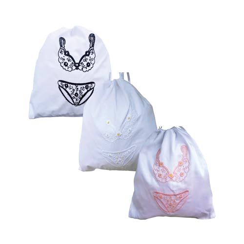 Lingerie Bag for Travel Set of 3, Women Lingerie Bags with Draw Strings, Double-Layered Egyptian Cotton Beach Bags for Swimwear, Underwear & Vacation Storage, 15x15 Inches (White) - color: Women - White