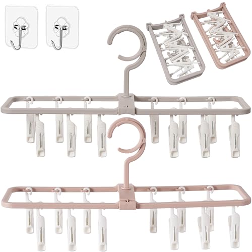 Clothes Drying Racks 2 Pack Small Folding Portable Hangers with 12 Clips - color: Gray,light Pink-2 Pack