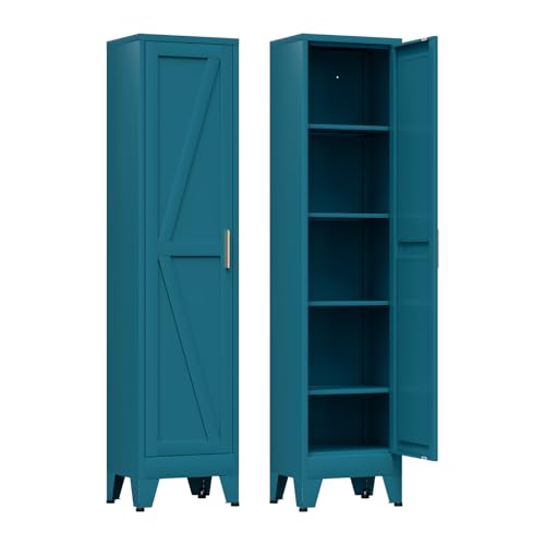 COFaR 67'' Tall Narrow Bathroom Storage Cabinet, Metal Farmhouse Skinny Pantry Cabinet with 4 Adjustable Shelves and One Door, Slim Cabinet Storage for Kitchen Laundry, 5-Tier Peacock Blue - color: Peacock Blue, size: 11.81''D × 15.75''W × 66.93''H-L04