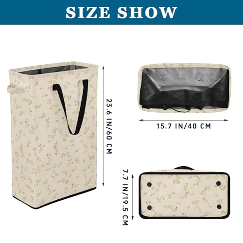 Yellow Small Floral Laundry Hamper Dirty Clothes Laundry Basket Bin for Bedroom Bathroom with Handles Slim Tall Collapsible Waterproof Freestanding 48L - color: Yellow Small Floral