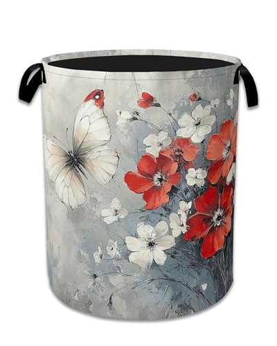 Butterfly Flowers Laundry Basket,Foldable Oxford Cloth Red Laundry Hamper With Handle, 20.8"x16" Portable Clothes Storage Basket Bag for Laundry Room/Bathroom/Bedroom/Dormitories - color: Butterfly Flowers Red