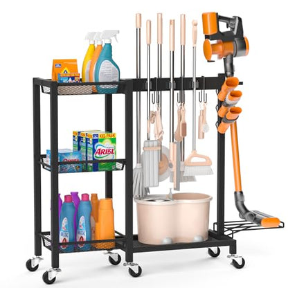 Broom Holder with Cleaning Supplies Organizer, 30.7"Wx11.8"Dx34.6"H - size: 30.7"Wx11.8"Dx34.6"H