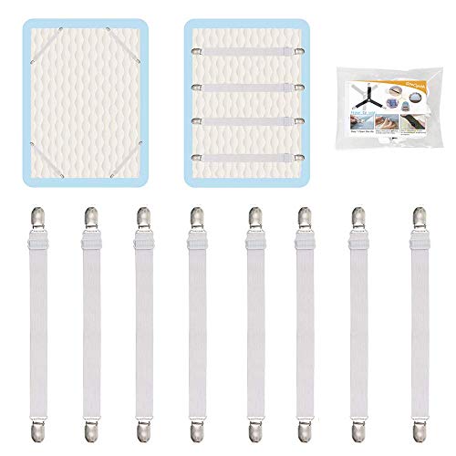 8Pcs Adjustable Bed Sheet Straps Clips, Elastic Mattress Sheet Fasteners Holder and Suspenders, Grippers to Hold Sheet, Mattress, Sofa, Couch, Table Cloth, Recliner Ironing Board Cover and More - color: 8pcs White