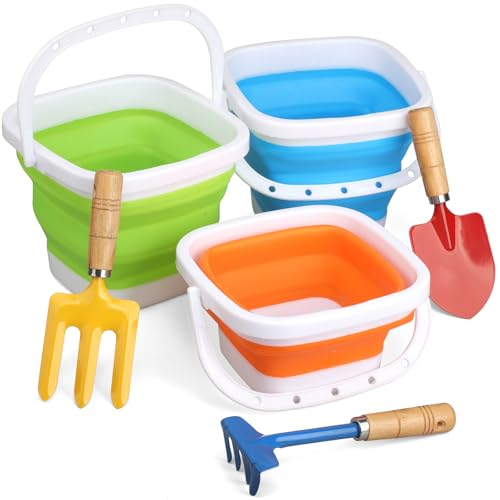 Gardening Tools Set Foldable Beach Bucket with Metal Shovels for Adults, Collapsible Pails Sand Bucket for Basket Camping Outdoor Gardening Fishing, Essential Travel Gadget 6PCS - color: Yellow, size: Square Bucket (2.5L)
