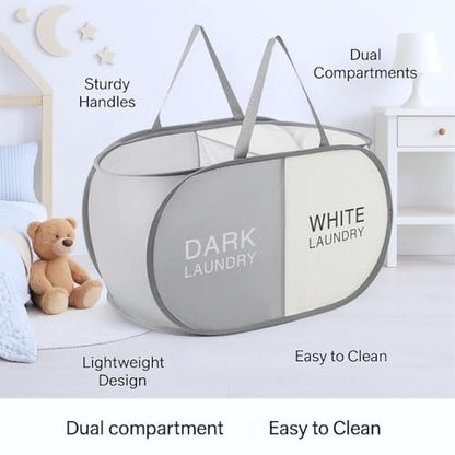 Laundry Hamper with Compartments, Foldable Dirty Clothes Basket, Dual Sorting Storage Organizer with Handles for Toys, Baby Clothes, Oxford Fabric, Grey & Beige