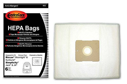 EnviroCare Replacement HEPA Filtration Vacuum Cleaner Dust Bags made to fit Riccar Moonlight and Sunburst. Simplicity Jack and Jill Canisters 6 pack