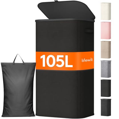 Lifewit 105L Large Laundry Hamper with Lid, Removable Inner Bag, Black - color: Black, size: 105L