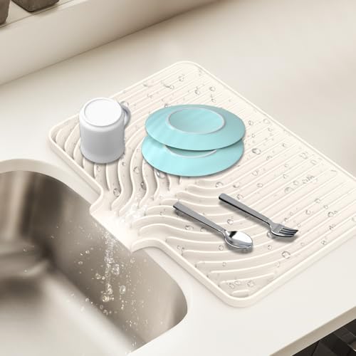 Dish Drying Mat for Kitchen Counter, with Built-in Drain Lip, Food-Grade Silicone, Easy Clean Pad for Countertop Protection, Multi-Functional Use (18x11.8, Cassava White) - color: White, style: 18x11.8