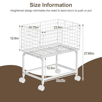 Laundry Basket with Wheels,80L Wire Rolling Laundry Basket with Pull Handle,White High Laundry Cart for Laundry Room,Bathroom,Bedroom-White(23.6 * 15.75 * 28inch) - color: White, size: 23.6*15.75*27.95inch