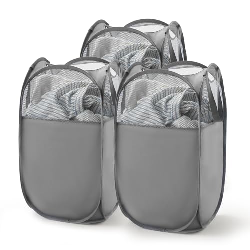 TECHMILLY Pop Up Foldable Laundry Basket, Mesh Laundry Hamper with Reinforced Handles for Dirty Clothes Storage in Dorm, Laundry Room, Bathroom, Grey(Fabric), 3 Pack - color: Grey(fabric), size: 3 Pack