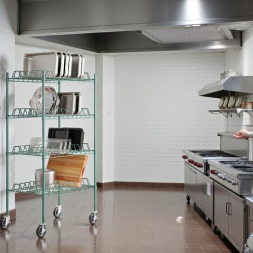 PRO&Family 24" x 48" Mobile Green Epoxy 4-Tier Commercial Drying Rack with Casters – Heavy Duty Wire Shelving for Dish Drying, Kitchen Storage & Food Service Use (3" Slots) - size: 24" x 48" Mobile