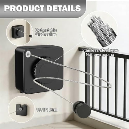 Retractable Clothesline Indoor, Non-Sagging Outdoor Clothes Line Retracting Heavy Duty Clothes Drying Laundry Line Wall Mounted Stainless Steel Line-15.7 Feets(Square-Black) - color: Black