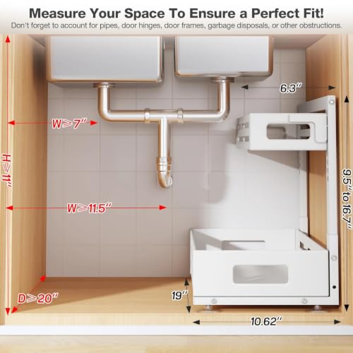 2 Pack 19IN-Depth Under Sink Organizer,Pull Out Cabinet Organizer With Smooth Cylindrical Rail,Metal Slide Out Drawer for Kitchen Bathroom Laundry,8-Level Tool Free Height Adjustable-White - color: White, size: 2 Pack-19"Dx9.5"-16.7"H