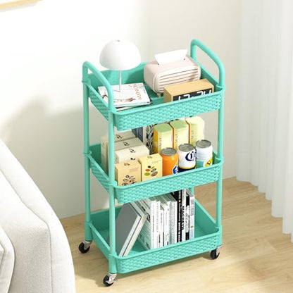 MOYIPIN 3-Tier Plastic Rolling Utility Cart with Handle,Turquoise - color: Turquoise, size: 3-Tiers without cups