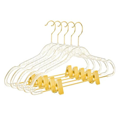MIZGI Slim Gold Glitter Pants & Skirt Hangers (20 Pack) – Adjustable Gold Clips & Hooks, Transparent Non-Felt, Space-Saving for Dresses, Shirts, Blouses - color: Gold Glitter/Gold, size: 20-Pack